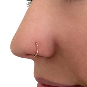 May include: A close-up shot of a nose featuring a gold-coloured, twisted nose ring. The ring is a small hoop with a textured surface. The skin tone is light, and the background is white.