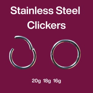May include: Stainless steel clickers, two circular body jewelry pieces, one open and one closed, against a dark red background. The text "Stainless Steel Clickers" is at the top, with "20g 18g 16g" at the bottom.