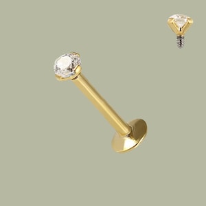 Può includere: Un piercing labret dorato con una gemma rotonda e trasparente. Il piercing ha un retro piatto a disco e un perno dritto. Un piercing più piccolo e simile si trova nell'angolo in alto a destra. Lo sfondo è verde tenue.