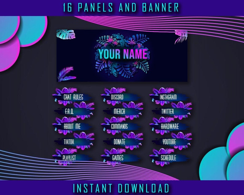 Neon Jungle animated twitch Stream Overlay bundle incl Scenes, Camera, Panels, social media buttons, banner and offline screen image 4