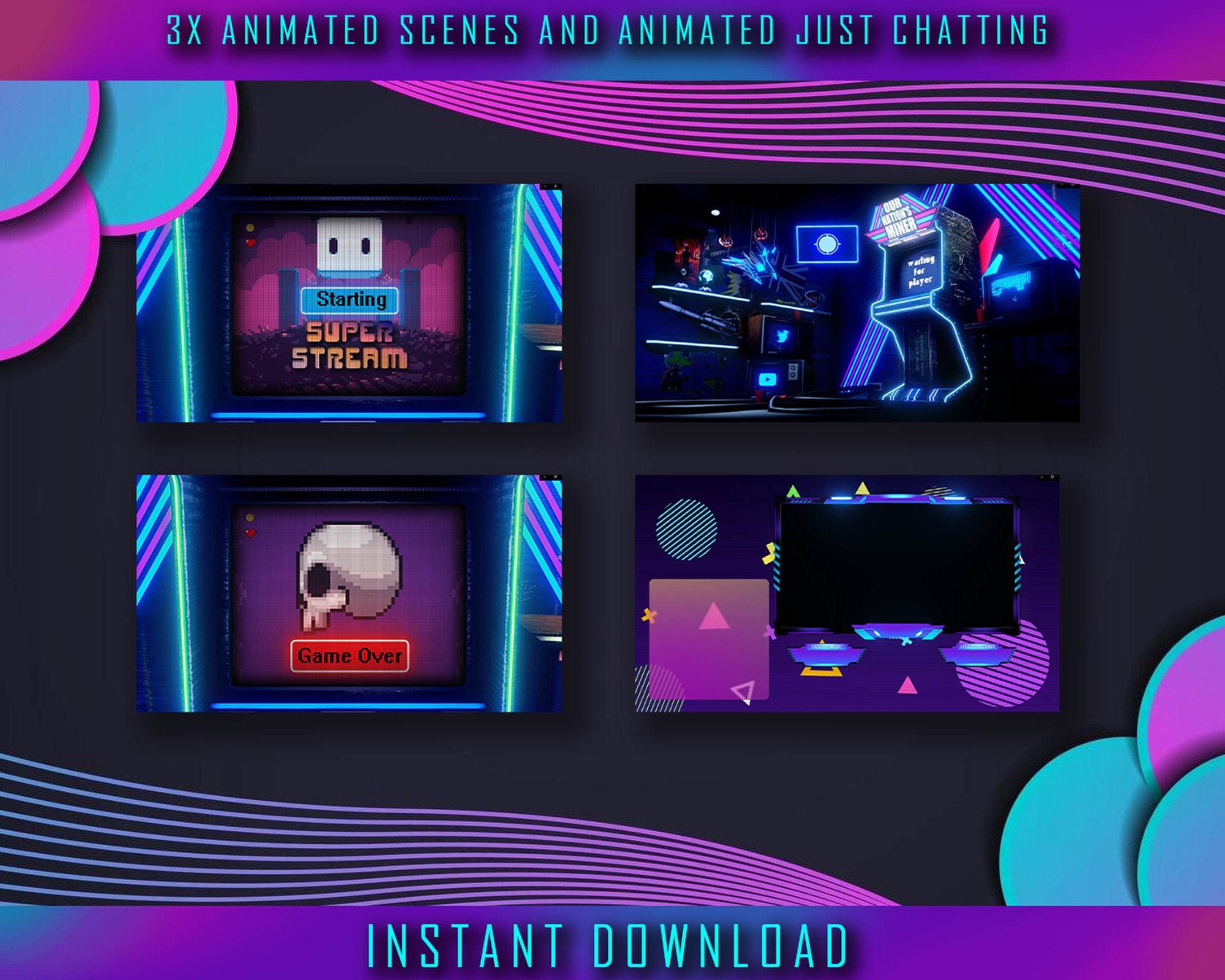 Twitch stream animated scenes and just chatting gaming room arcade pixel