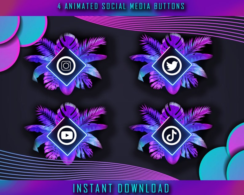 Neon Jungle animated twitch Stream Overlay bundle incl Scenes, Camera, Panels, social media buttons, banner and offline screen image 3