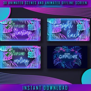 Neon Jungle animated twitch Stream Overlay bundle incl Scenes, Camera, Panels, social media buttons, banner and offline screen image 2