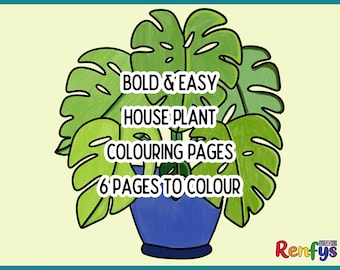 Houseplant Coloring Pages, Bold & Easy Designs, 6 Pages (Digital Download)