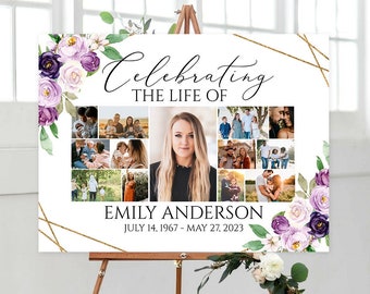 Celebration Of Life Multiple Photos Funeral Welcome Sign Editable Purple Photo Collage Funeral Poster Photo Collage Memorial Service Sign P1