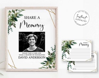 Puede incluir: Un cartel imprimible con una foto en blanco y negro de un hombre, follaje verde y formas geométricas doradas. El cartel dice "Compartir un recuerdo" y "Por favor, tome una tarjeta y comparta un recuerdo de nuestro amado David Anderson".