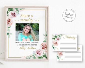 Share a Memory Funeral Sign, Share a Memory Card, Funeral Memory Card, Editable Blush Pink Roses Greenery Funeral Share a Memory Template F1