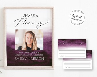 celebration of life Share a Memory Funeral Sign Share a Memory Card, Purple Watercolor Funeral Memory Card, Funeral share a memory template
