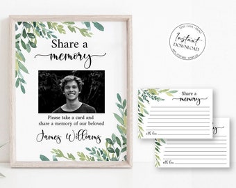 Puede incluir: Un cartel imprimible con una foto en blanco y negro de un hombre, rodeado de hojas verdes de acuarela. El cartel dice "Compartir un recuerdo" y "Por favor, tome una tarjeta y comparta un recuerdo de nuestro amado James Williams".