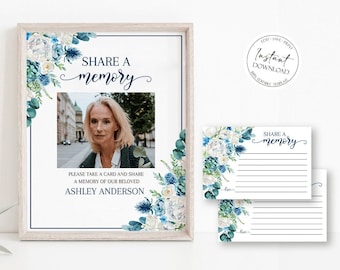 Funeral Share a Memory Sign, Share a Memory Cards, Blue White Floral Funeral Memory Card, Editable Blue Funeral Share a Memory Template, B1