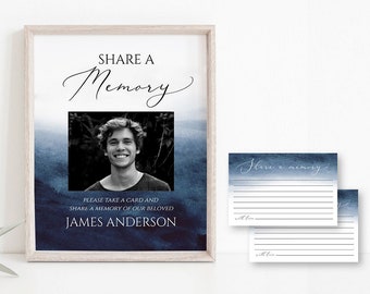 Blue Watercolor Share a Memory Funeral Sign Share a Memory Card, Funeral Memory Card, Editable Ocean Funeral share a memory template