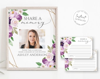 Share a Memory Funeral Sign,  Share a Memory Card, Purple Funeral Memory Card, Editable Funeral share a memory template, Funeral Template P1