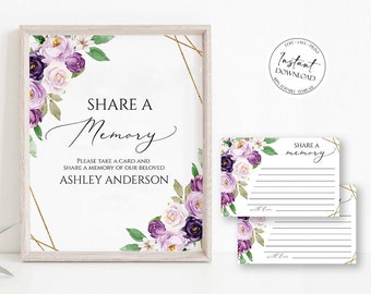Share a Memory Funeral Sign, Share a Memory Card, Purple Funeral Memory Card, Editable Funeral share a memory template, Funeral Template P1