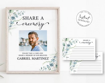 Puede incluir: Un cartel imprimible con un diseño de eucalipto acuarela y una foto de un hombre. El cartel dice "Compartir un recuerdo" y "Por favor, tome una tarjeta y comparta un recuerdo de nuestro amado Gabriel Martinez".