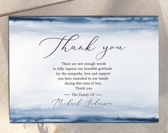 Blue Watercolor Funeral Thank You Cards, Celebration of life Funeral Thank You Cards, Printable Memorial Thank You Card, Sympathy Cards B4
