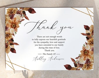 Fall Funeral Thank you Cards, Funeral Thank You, Printable Memorial Thank You Card, Autumn Memorial Sympathy Thank you Cards, F3