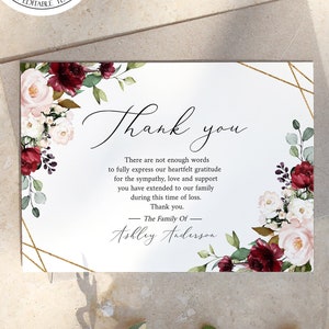 Modèle de carte de remerciement commémoratif des roses rouges pour les funérailles de votre vie