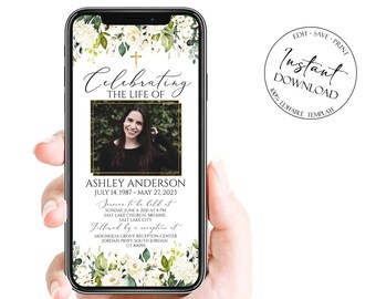 May include: A digital memorial card with a floral design and a photo of a woman. The card reads "Celebrating the Life of Ashley Anderson July 14, 1987 - May 27, 2023" and includes details about the funeral and reception.