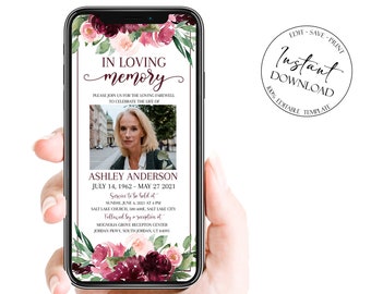May include: A digital memorial card with a floral border in shades of pink and burgundy. The card features a photo of a woman and the text "In Loving Memory" with the name Ashley Anderson and dates July 14, 1962 - May 27, 2021. The card also includes details about the funeral service and reception.