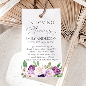 Celebration of life Purple Funeral Favor Tag Template, Memorial Candle Favor Tag, Purple In Loving Memory Favor Tag, Funeral Keepsake P1