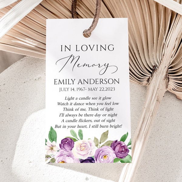 Celebration of life Purple Funeral Favor Tag Template, Memorial Candle Favor Tag, Purple In Loving Memory Favor Tag, Funeral Keepsake P1