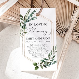 Greenery Gold Funeral Favor Tag Template Memorial Candle Favor Tag, Editable In Loving Memory Favor Tag Funeral Keepsake Greenery Funeral Q1