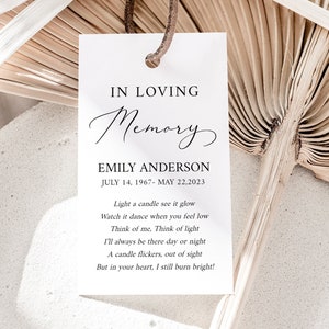 Celebration of life Invitation Funeral Favor Tag Template, Memorial Candle Favor Tag Editable In Loving Memory Favor Tag Funeral Keepsake S1