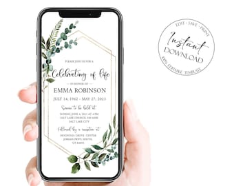 Celebration of life Invitation, Greenery Digital Funeral Invitation Funeral Announcement Electronic Funeral Invite Memorial Service Evite Q1