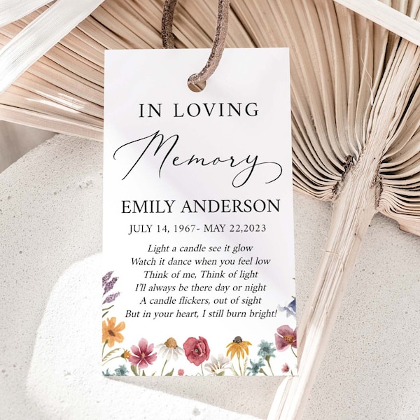 Celebration of life Wildflower Funeral Favor Tag Template, Memorial Candle Favor Tag, Meadow In Loving Memory Favor Tag, Funeral Keepsake W2