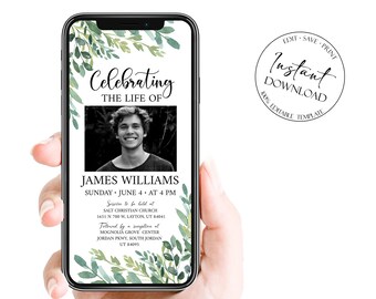 Celebration of life Watercolor Greenery Digital Funeral Invitation Template, Greenery Memorial Evite, Electronic Greenery Funeral Invite, G2
