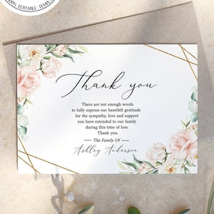 Modèle de carte de remerciement pour funérailles rose fard à joues, célébration de la vie imprimable roses roses verdure funérailles photos cartes de remerciement carte de sympathie P4