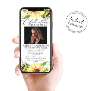 Könnte beinhalten: Eine digitale Gedenkkarte mit einem Sonnenblumen-Blumendesign. Die Karte zeigt ein Foto einer Frau und den Text "Celebrating the Life of Ashley Anderson July 14, 1987 - May 27, 2023". Die Karte enthält auch Informationen über einen Trauergottesdienst und einen Empfang.