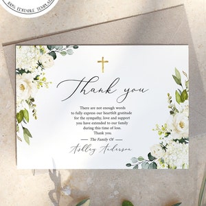 Cartões de agradecimento de funeral floral de vegetação branca, obrigado de funeral de cruz dourada para impressão Memorial cartão de agradecimento cartões de agradecimento de simpatia