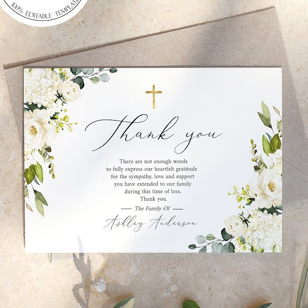 White Greenery Floral Funeral Thank you Cards, Gold Cross Funeral Thank You Printable Memorial Thank You Card Sympathy Thank you Cards