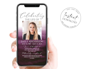 Purple Watercolor Digital Funeral Invitation, Digital Funeral Announcement, Electronic Funeral Invite for women, Memorial Service Evite