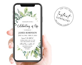 Digital Funeral Invitation, Greenery Funeral Announcement, Memorial  Evite, Memorial Service Evite, Funeral Invite for man, for women