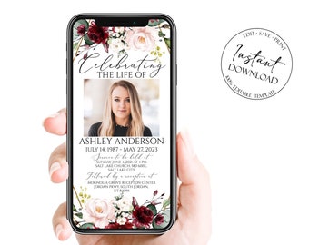 May include: A digital memorial card with a floral design in shades of pink, white, and burgundy. The card reads "Celebrating the Life of Ashley Anderson July 14, 1987 - May 27, 2023" and includes details about a memorial service and reception.