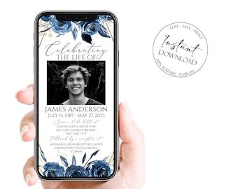 Royal Blue Floral Digital Funeral Invitation, Electronic Blue Funeral Invite, Memorial Service Evite, Funeral Evite, Celebration of life B2