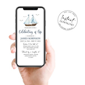 Celebration of life Invitation Evite, Digital Funeral Invitation, Nautical Funeral Announcement, Sailboat Electronic Funeral Invite Template