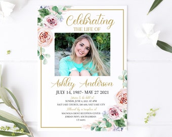 Celebration of life Invitation, Blush Pink Roses Funeral Invitation, Funeral Announcement Funeral Card Template Printable Memorial Invite F1