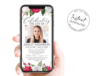 Digital Funeral Invitation, White Pink Roses Funeral, Roses Memorial  Evite, Electronic Funeral Invite for women, Memorial Service Invite P2