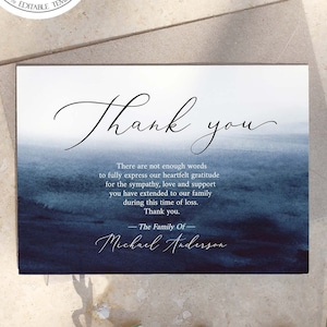 Aquarelle bleue merci pour les funérailles, modèle de carte de remerciement pour les funérailles bleu océan carte commémorative imprimable modèle de carte de remerciement, carte de sympathie