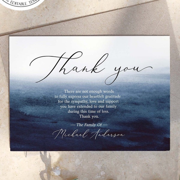 Blue Watercolor Funeral Thank You, Ocean Blue Funeral Thank You Card Template Memorial Card Printable Thank You Card Template, Sympathy Card