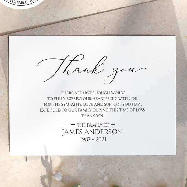 Simple Funeral Thank you, Thank you Sympathy, Funeral Thank You Photo, Memorial Card, Thank You Card Template, Editable Sympathy Card S1