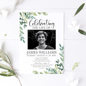 Celebration of life Greenery Funeral Invitation, Funeral Announcement, Funeral Cards Template, Printable Greenery Memorial Invitation G2