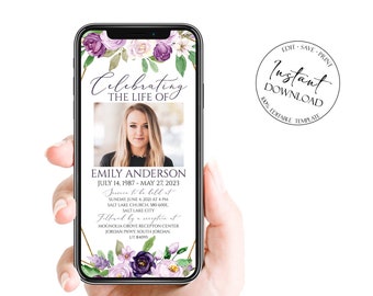 Digitale begrafenisuitnodiging, bloemen begrafenisaankondiging, Memorial Evite, elektronische begrafenisuitnodiging voor vrouwen Memorial Service uitnodiging P1