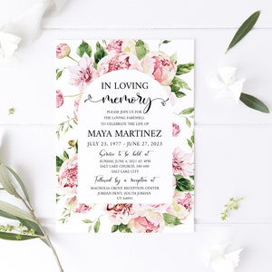 Convite para funeral com peônias rosa-claro, anúncio de funeral, modelo de cartão de funeral, cerimônia memorial para impressão, convite para funeral rosa