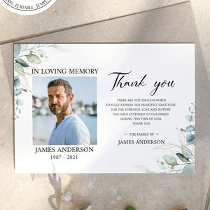 Photo de remerciement pour les funérailles de verdure, remerciement commémoratif de verdure, cartes de remerciement imprimables, carte verte de sympathie, carte de remerciement de condoléances G1