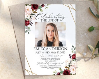 May include: A memorial card with a gold geometric frame and floral accents. The card features a photo of a woman and the text "Celebrating the Life of Emily Anderson July 14, 1987 - May 27, 2023".