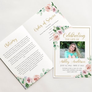 Celebration of life Funeral Program Template, Floral Blush Pink Roses Funeral Program, Editable Floral Memorial Program, Obituary Program F1